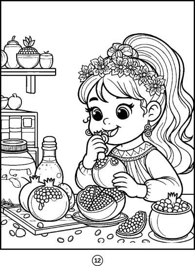 A girl with a flower crown tastes pomegranate seeds at a table of fruit and jars.