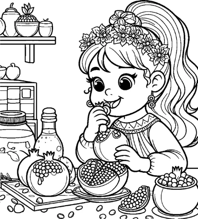 A girl with a flower crown tastes pomegranate seeds at a table of fruit and jars.