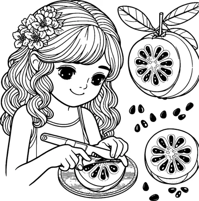 A long-haired girl slices a guava on a plate with cut halves and seeds beside her.