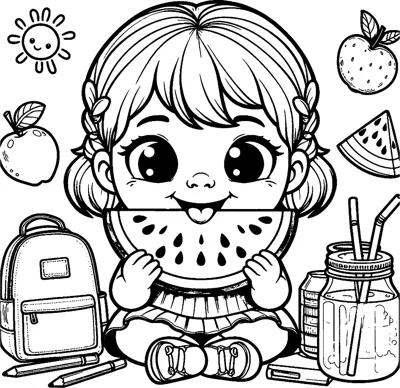 A girl with pigtails bites a watermelon slice, surrounded by a backpack, a jar and fruit.