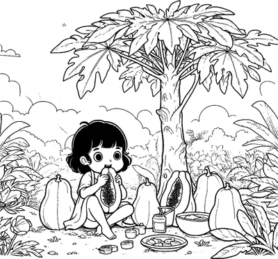 A small girl sits under a papaya tree eating a slice, with cut papayas beside her.
