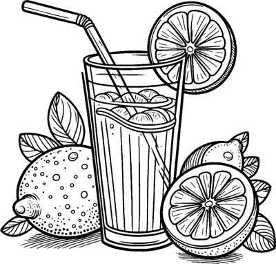 A tall glass of lemonade with a straw and lemon slice stands beside whole and cut lemons.