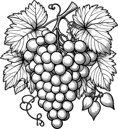 A large bunch of grapes hangs from a vine with big veined leaves and curling tendrils.
