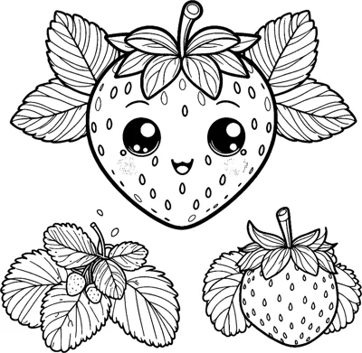 A smiling strawberry with big eyes sits above a smaller strawberry and a sprig of leaves.