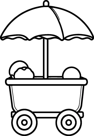 An ice cream cart on four wheels holds round scoops of ice cream under a large scalloped beach umbrella.