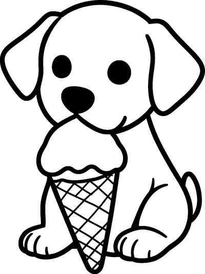 A cute sitting puppy with floppy ears licks a big ice cream cone held up in front of it.