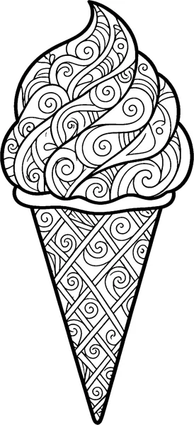 A soft serve ice cream cone filled with zentangle swirls, spirals and curling patterns on both the ice cream and cone.