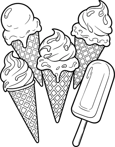A collection of four swirly ice cream cones with drips and patterned waffle cones beside a tall ice lolly on a stick.
