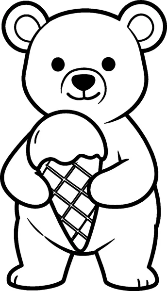 A smiling bear standing on two legs hugs a giant ice cream cone with a dripping scoop against its tummy.