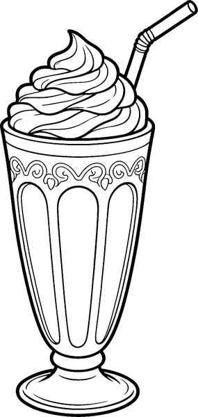 A tall fluted milkshake glass topped with a big swirl of whipped cream and a bendy straw, with a patterned band.