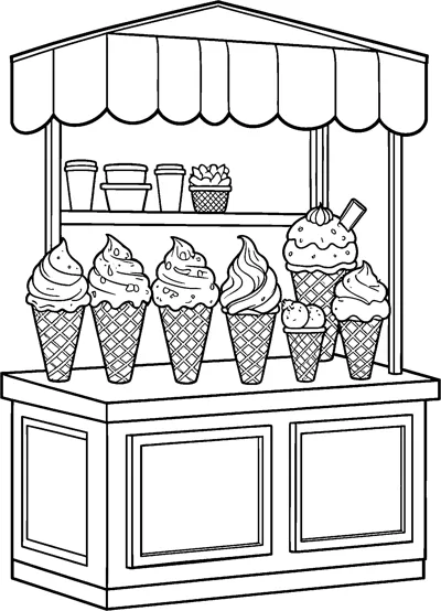 An ice cream parlour counter under a scalloped awning displays six swirly waffle cones and cups on a shelf.