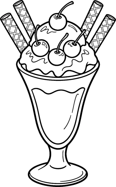 A tall sundae glass filled with ice cream, topped with four cherries, drizzled sauce and four rolled wafer sticks.