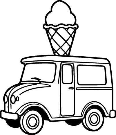 An ice cream van with round headlights, big windows and two wheels carries a giant ice cream cone on its roof.