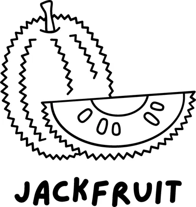 A spiky jackfruit beside a cut wedge with seeds, above the word JACKFRUIT in bold capitals.