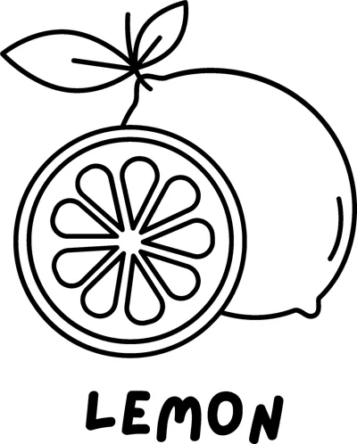 A whole lemon with a leaf beside a cut half with segments, above the word LEMON in bold capitals.