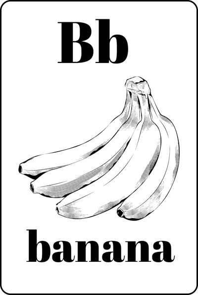 A bunch of bananas between the letters Bb and the word banana.