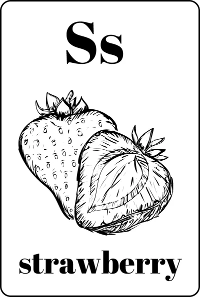 A whole strawberry beside a cut half between the letters Ss and the word strawberry.