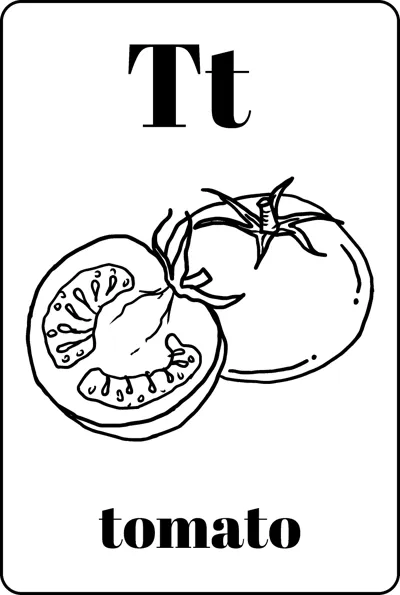A whole tomato beside a cut slice showing seeds, between the letters Tt and the word tomato.