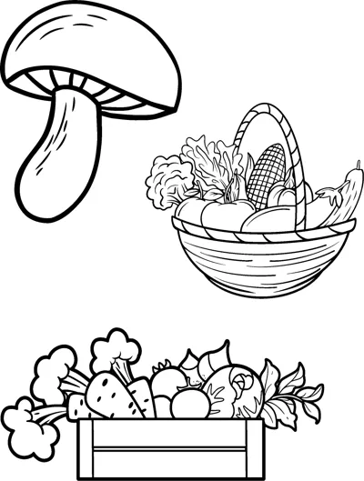 A large mushroom sits above a woven basket and a crate both filled with vegetables.