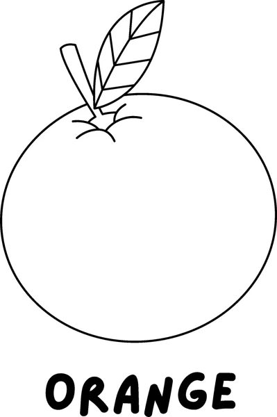A round orange with a stem and leaf above the word ORANGE in bold capitals.