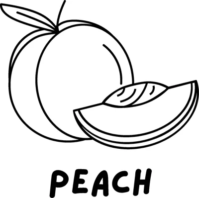 A whole peach beside a cut slice showing the stone, above the word PEACH in bold capitals.