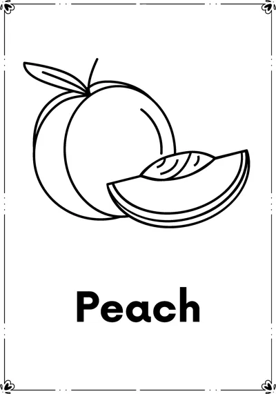 A whole peach beside a cut slice showing the stone, above the word Peach.