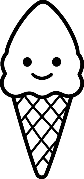 A smiling ice cream cone with two dot eyes and a happy mouth on its scoop, sitting on a criss-cross waffle cone.