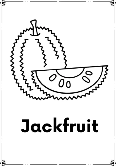 A spiky whole jackfruit beside a cut wedge showing seeds, above the word Jackfruit.
