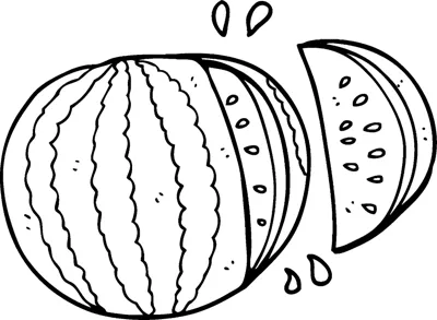 A striped whole watermelon beside two cut slices above the word WATERMELON in hollow letters.