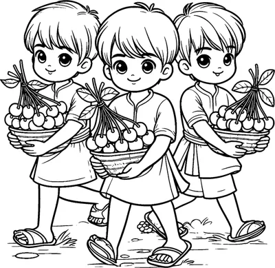 Three smiling children in sandals walk together, each carrying a basket of fruit.