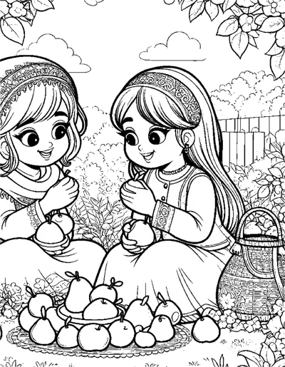 Two girls wearing headscarves sit in a garden with a pile of fruit and a basket.