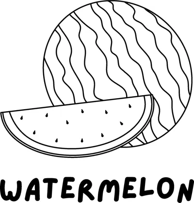 A striped whole watermelon beside a seeded wedge above the word WATERMELON in bold capitals.