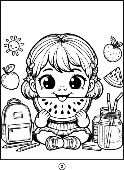 A girl with pigtails bites a watermelon slice, surrounded by a backpack, a jar and fruit.