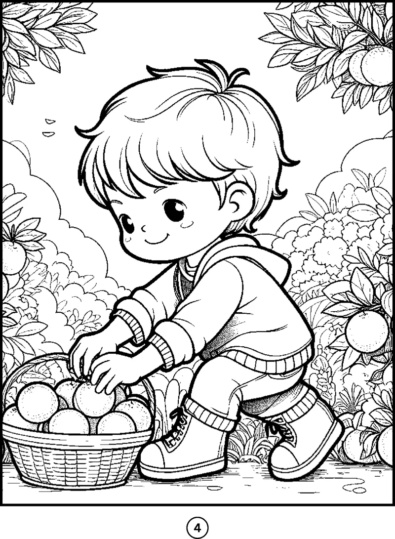 A kneeling boy in a hoodie gathers oranges into a basket under flowering trees.