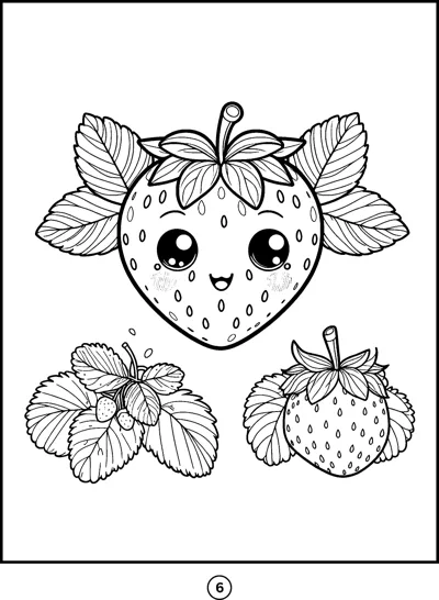 A smiling strawberry with big eyes sits above a smaller strawberry and a sprig of leaves.