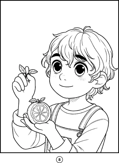 A boy with curly hair holds up a halved orange and smiles.
