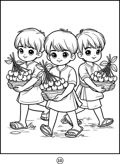 Three smiling children in sandals walk together, each carrying a basket of fruit.