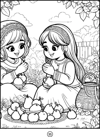 Two girls wearing headscarves sit in a garden with a pile of fruit and a basket.
