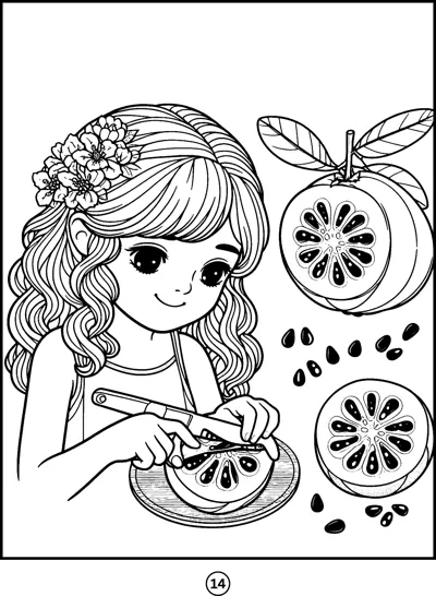 A long-haired girl slices a guava on a plate with cut halves and seeds beside her.