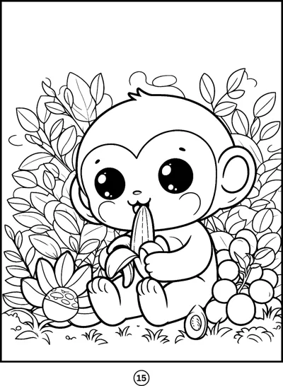 A big-eyed baby monkey sits in leafy plants and eats a peeled banana.