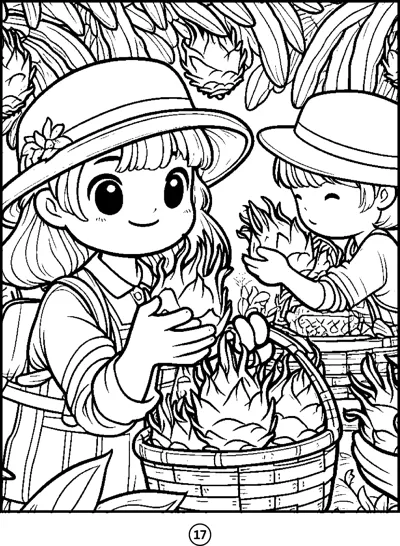 Two children wearing sun hats fill baskets with lychees beneath leafy branches.