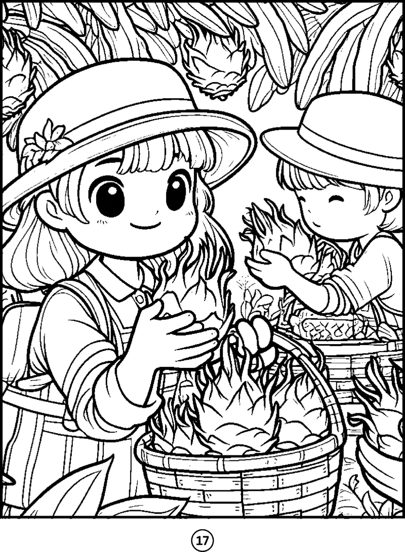 Two children wearing sun hats fill baskets with lychees beneath leafy branches.