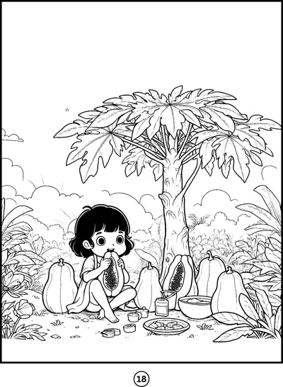 A small girl sits under a papaya tree eating a slice, with cut papayas beside her.
