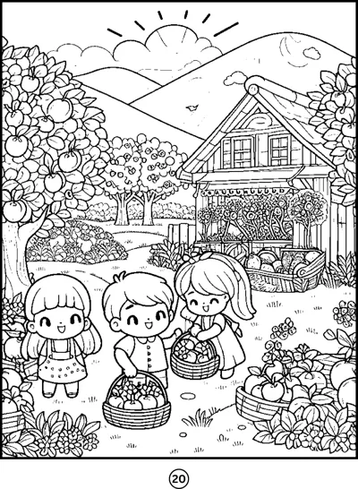 Three children hold baskets of fruit in front of a farmhouse, orchard trees and hills.