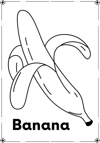 A half-peeled banana with the word Banana printed below.