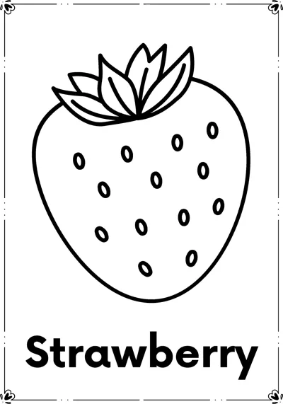 A large strawberry with seed marks and a leafy top above the word Strawberry.