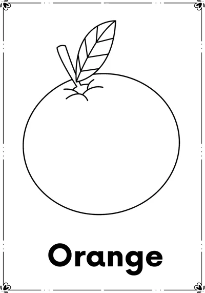 A round orange with a stem and single leaf above the word Orange.