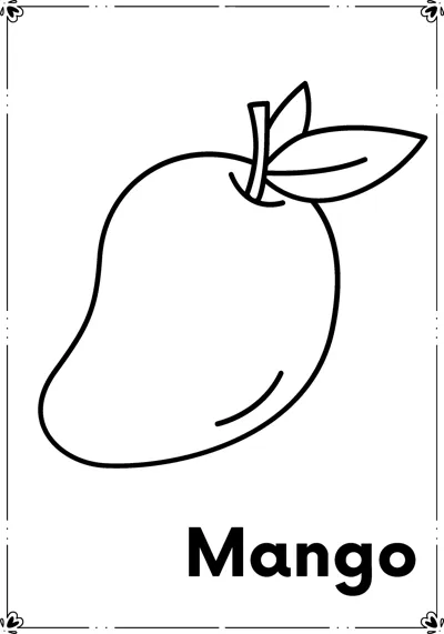 A whole mango with two small leaves above the word Mango.