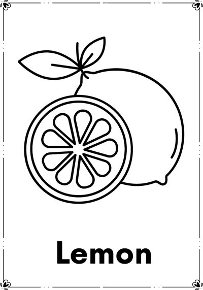 A whole lemon with a leaf beside a cut half showing segments, above the word Lemon.