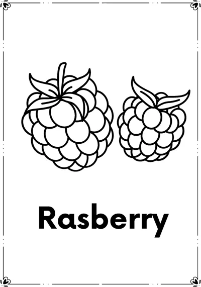 Two bumpy raspberries with leafy caps above the word Rasberry.